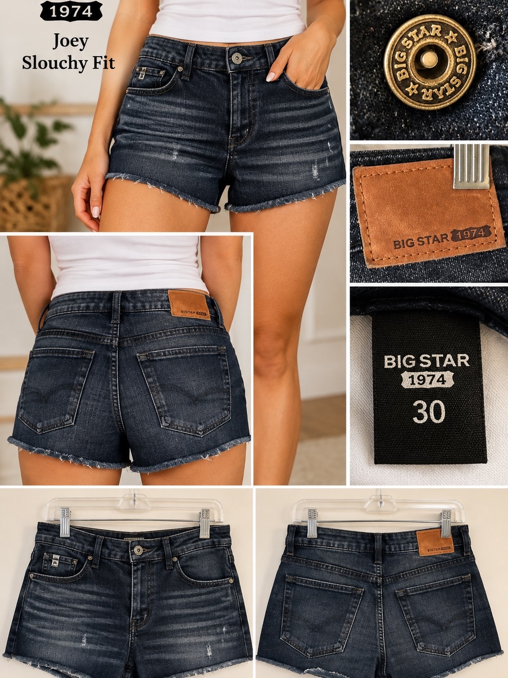 Big Star 1974 Joey Slouchy Fit Denim Shorts Size 30 Dark Wash Distressed